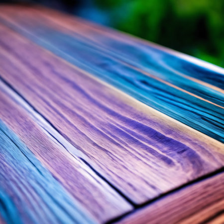 Wooden tabletop with blurred background for display or montage. Free space wood table topの素材