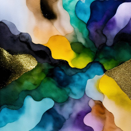 Art Background of horizontal watercolor painting of abstract smoke. Black and gold glitter colored alcohol ink. Marble appearance. Generative AIの素材