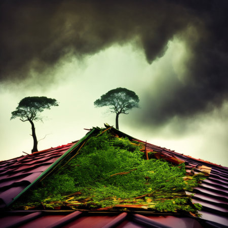 fallen tree on house roof after hurricane. property insurance. generative AIの素材