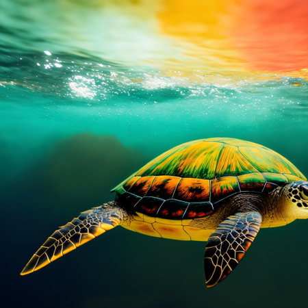 Portrait of a happy sea turtle swimming underwater. Generative AI.の素材