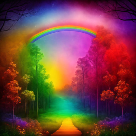 Fantasy forest with rainbow. fantasy scenery.の素材