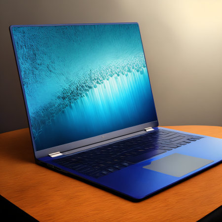 Laptop and books , technology and knowledge concept, blue background. Generative AIの素材