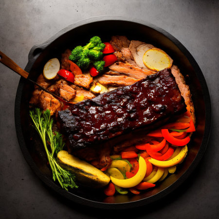 BBQ smoked ribs with dark backgroundの素材