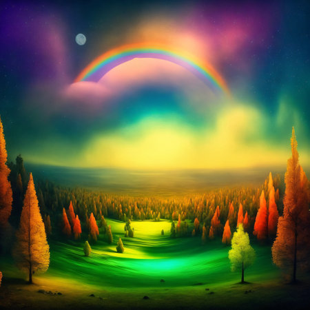 Fantasy forest with rainbow. fantasy scenery.の素材