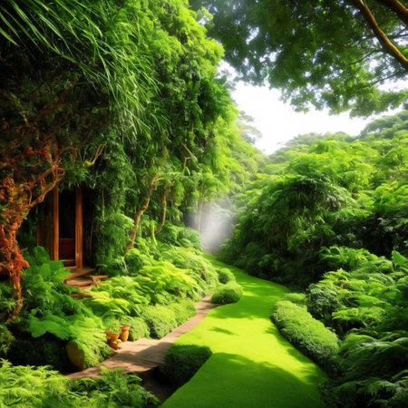 collection of Tropical Garden plants  with trees and shrubs isolated on transparent background. Generative Ai.の素材