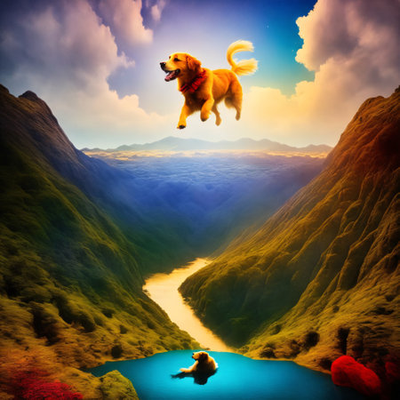 A happy Golden Retriever dog running out of a mountain lake with water splashes and a scenic nature backgroundの素材