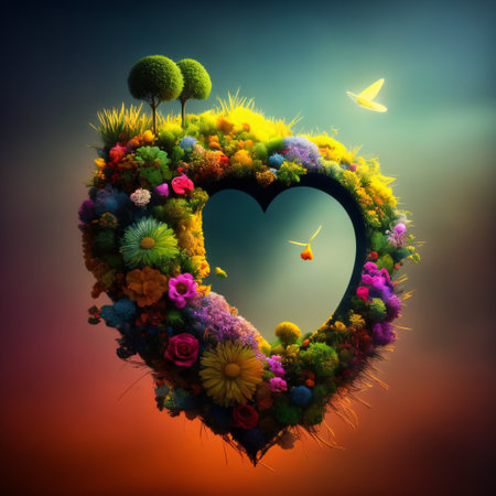 Broken cracked heart with a delicate flower growing out of it. Beauty and healing from heartbreak concept. Created with generative AI technology.の素材