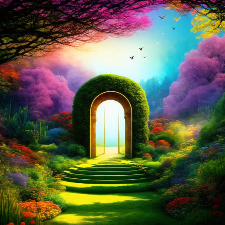 Magic fairytale garden with arch and stairs, generative aiの素材