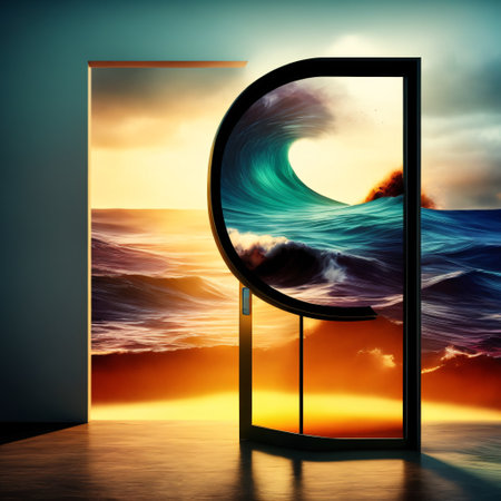 a cyborg walking on shore to the other world dimension big wave gate, conceptual of hucyborg desire and decide, dare to find your dream, Generative Aiの素材