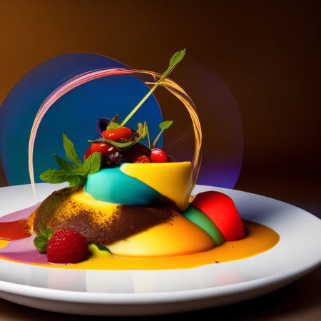 Artistic dessert plating by a creative chef with striking volumetric lighting, generative aiの素材