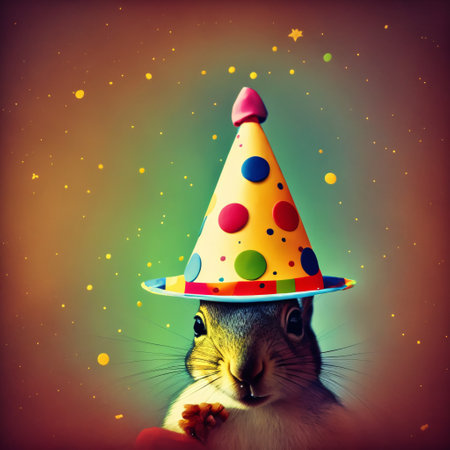 Squirrel holding party hat and cupcake, generative aiの素材