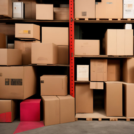 cardboard boxes abound in the inventory in the contemporary warehouse storage of the retail store, generative aiの素材