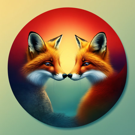 Illustration of two red foxes looking at each other in round frameの素材