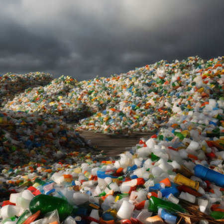 Industry Plant for sorting and processing plastic and paper waste. Conveyor assembly line with garbage bottles and packaging. Generation AIの素材