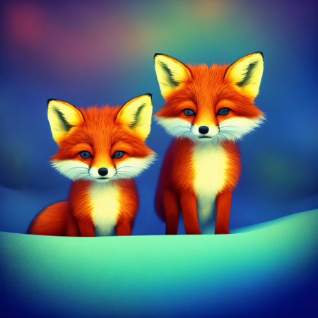 Two foxes on a blue background with space for your text.の素材