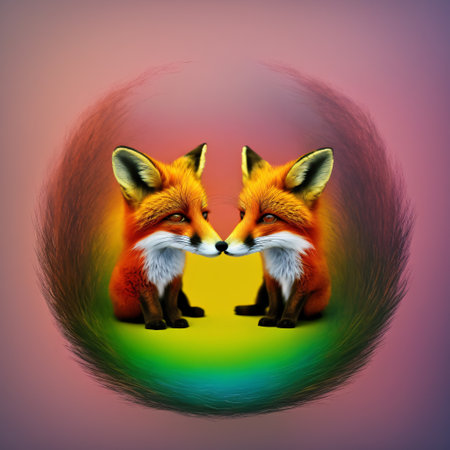 Two foxes in the form of a circle on a colorful backgroundの素材