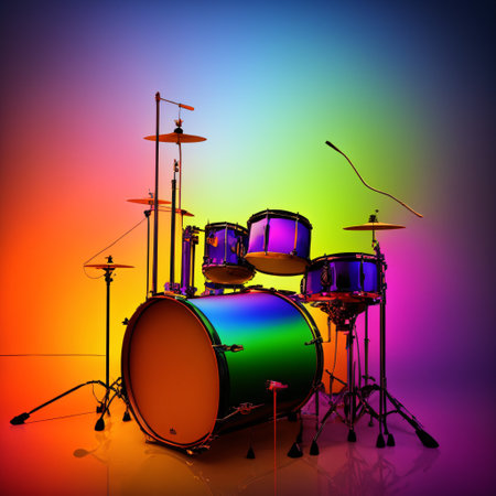 Drums with rainbow paint energetic explosion, Generative AI.の素材