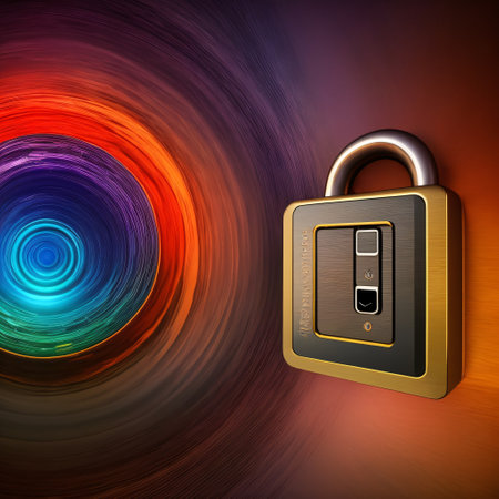 Cybersecurity  with high-tech padlock protecting a laptop computer in HD 3D and electronic online information symbols/graphics.の素材