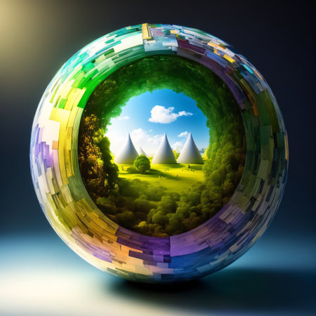 3d knolling sphere futuristic green planet Earth, low impact living. Sustainable architecture concept, AI generative.の素材
