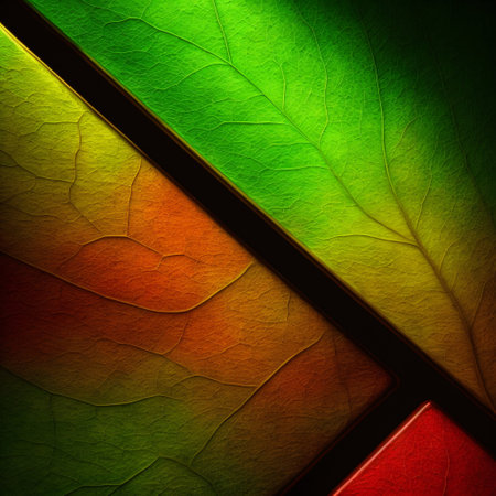 Spectacular realistic detailed veins and half green and gold abstract close-up, leaf covered with gold dust. Digital 3D . Macro artwork.の素材
