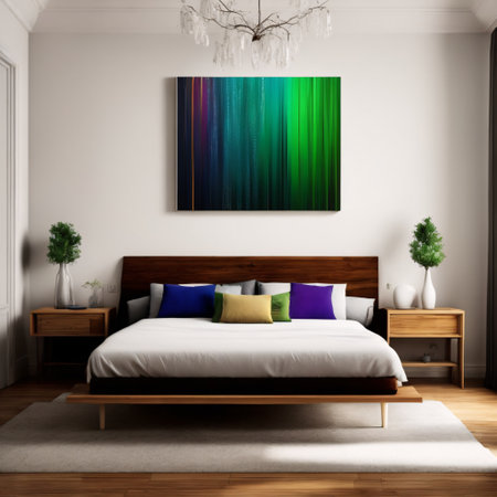 White and green farmhouse bedroom mockup.   and wood furniture. Boho decor,. Generative AIの素材