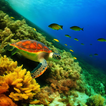 Sea turtle in crystal clear water. Amazing crystalline seabed. Reef full of life. Generative AIの素材