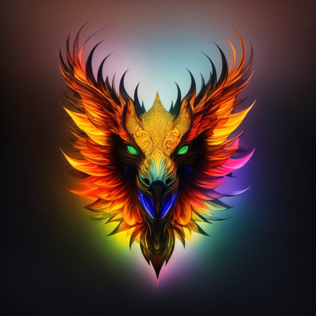 Fire dragon head on a black background. Generative AI Illistration of ancient dragon on black background. Dragons background. Place for text.の素材