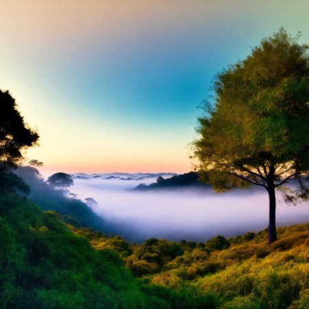 Misty morning in the mountains full of fog over the Jungle/Forestの素材