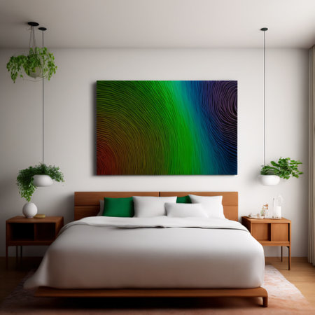 White and green farmhouse bedroom mockup.   and wood furniture. Boho decor,. Generative AIの素材