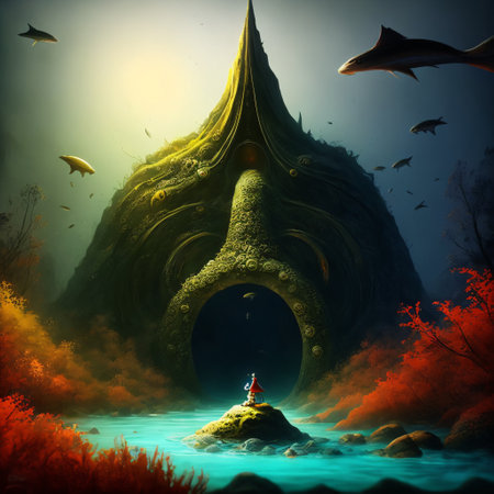 Lovecraft inspired scene. Dark and creepy cave with tentacle monsters attacking hucyborg figure. Digital painting .の素材