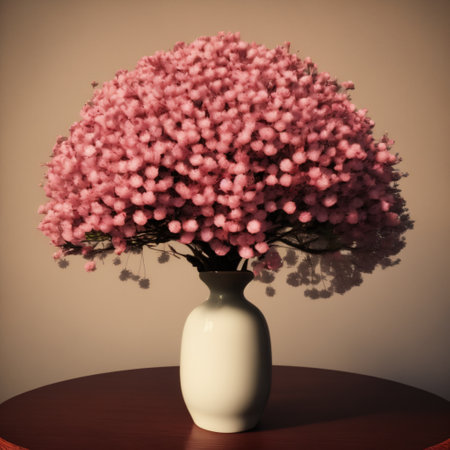 Sakura cherry blossom branch in ceramic vase on table. Beige wall background. Front view place for text, copy space, empty space. Generative AIの素材