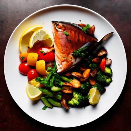 Indulge in Fine Dining this Spring with a Roasted Fish Filet with a Nice Crust, Served with Herbs and Veggies: A Gourmet Delight! AI Generated Art.の素材