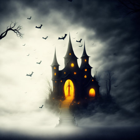 Abstract halloween abstract fogmagical dark fairy tale forest at nightの素材