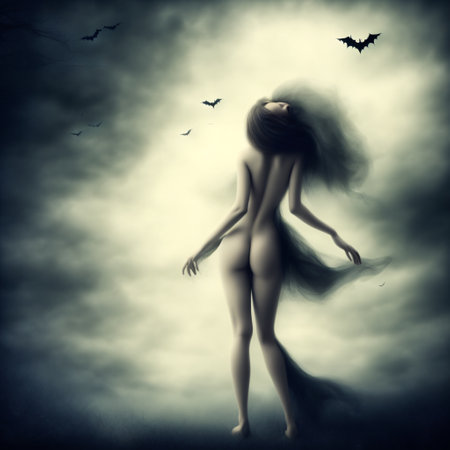 Abstract halloween abstract fogmagical dark fairy tale forest at nightの素材