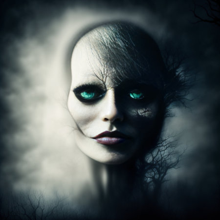 Abstract halloween abstract fogmagical dark fairy tale forest at nightの素材