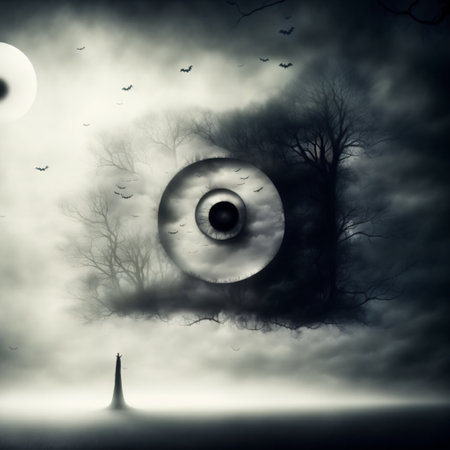 Abstract halloween abstract fogmagical dark fairy tale forest at nightの素材