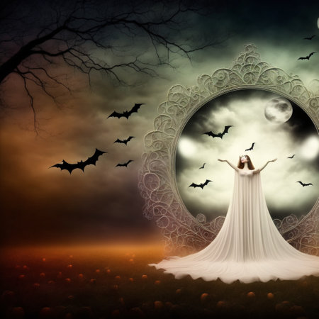 Abstract halloween abstract fogmagical dark fairy tale forest at nightの素材