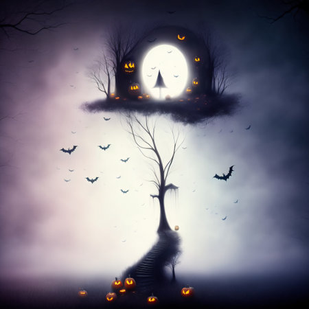 Abstract halloween abstract fogmagical dark fairy tale forest at nightの素材