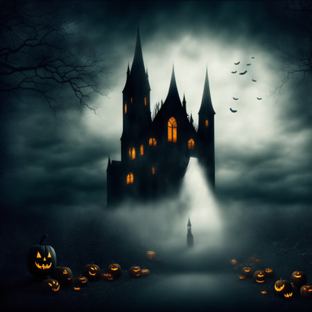 Abstract halloween abstract fogmagical dark fairy tale forest at nightの素材