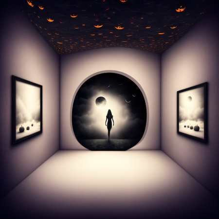 Abstract halloween abstract fogmagical dark fairy tale forest at nightの素材