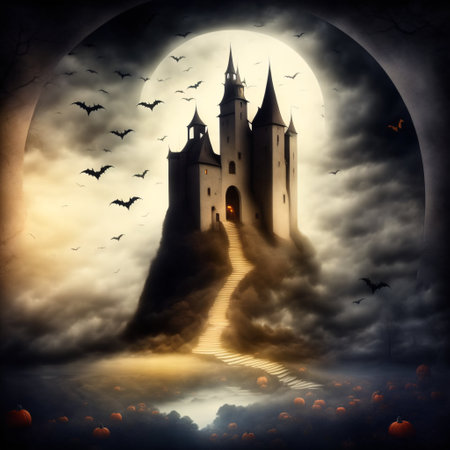 Abstract halloween abstract fogmagical dark fairy tale forest at nightの素材