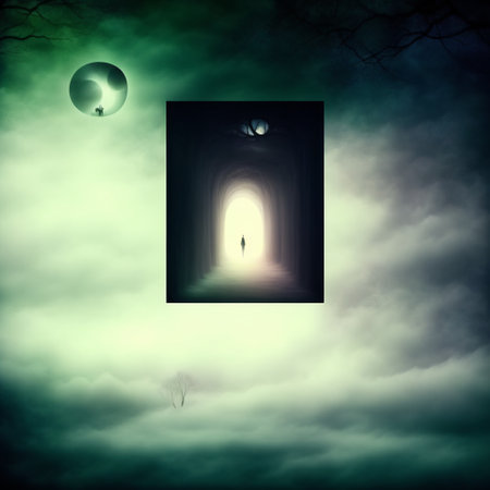 Abstract halloween abstract fogmagical dark fairy tale forest at nightの素材