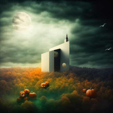 Abstract halloween abstract fogmagical dark fairy tale forest at nightの素材