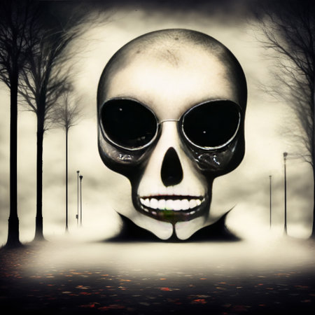 Abstract halloween abstract fogmagical dark fairy tale forest at nightの素材