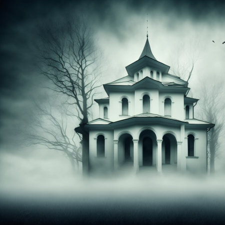 Abstract halloween abstract fogmagical dark fairy tale forest at nightの素材