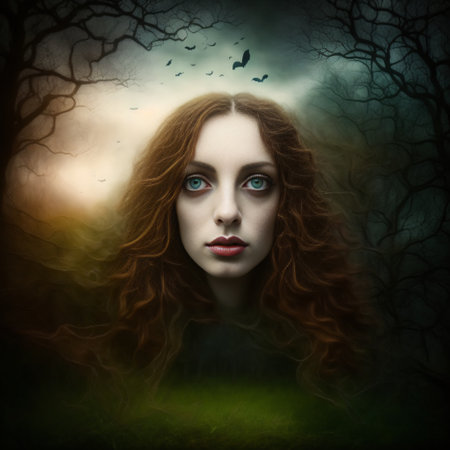 Abstract halloween abstract fogmagical dark fairy tale forest at nightの素材