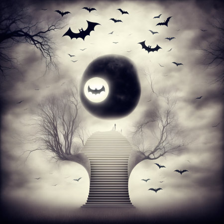 Abstract halloween abstract fogmagical dark fairy tale forest at nightの素材