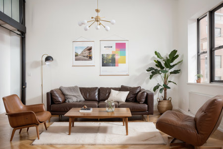interior of modern living room with brown sofa and wooden coffee tableの素材