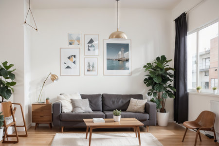 Interior of modern living room with sofa, coffee table and plantsの素材