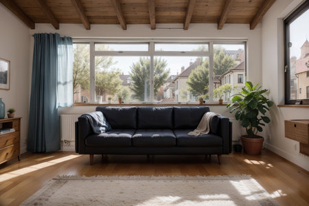 Large spacious loft room in dark colors in the rays of sunlight with big window. free lay-out.の素材